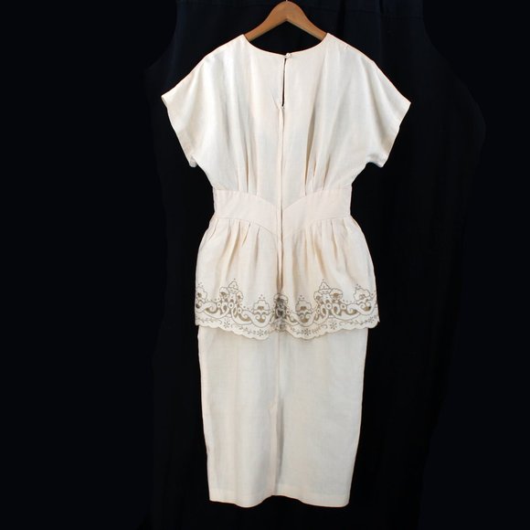 Vintage 80s Dress Ramie Cotton Lace Cutwork Embroidery Peplum Beige Midi 8 - Picture 8 of 15